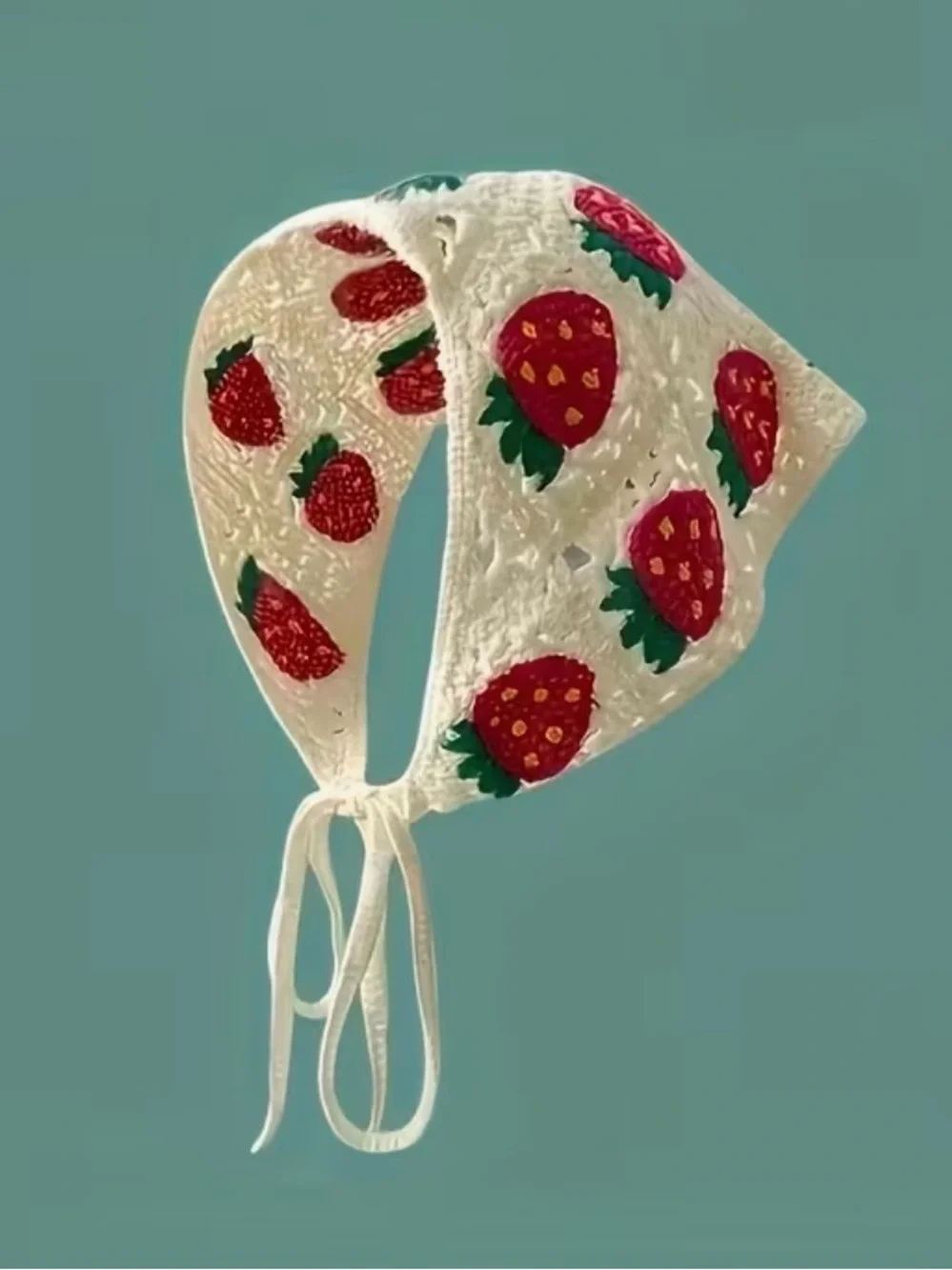 NWT Boho Crochet Strawberry Headscarf - Red, Cream, Green